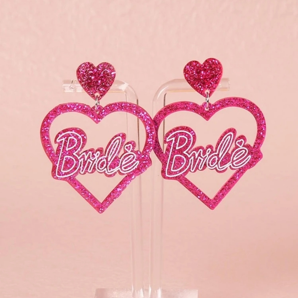 Bride Heart Drop Earrings - Hot Pink Glitter - Picture 3 of 6